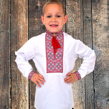 Вишиванка дитяча для хлопчика Грицько з червоно-бордовою вишивкою, р. 122-152