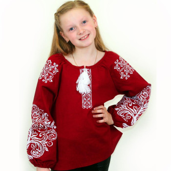 Вишита блуза дитяча Ольга з бордового льону з білою вишивкою, р. 122-152